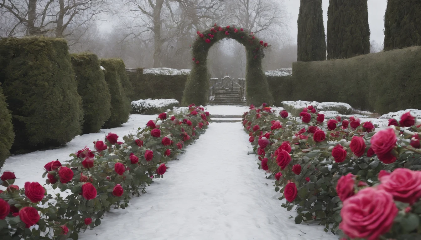 medieval rose garden in the snow with blooming Hungarian roses and a spiraling path, gothic, beautiful, cinematic scene from film, ultra detailed, high res, 8k, cinematic