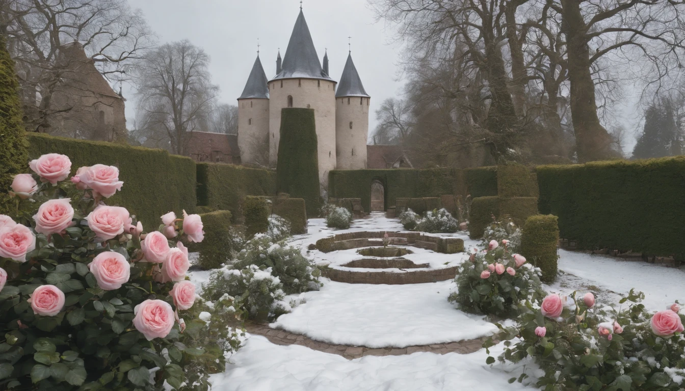 medieval rose garden in the snow with blooming Hungarian roses and a spiraling path, gothic, beautiful, cinematic scene from film, ultra detailed, high res, 8k, cinematic