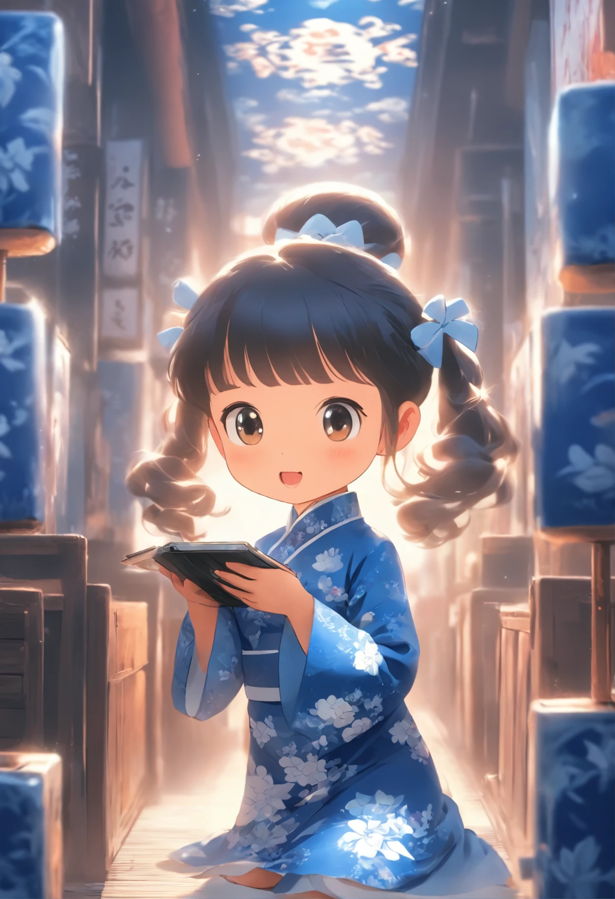 (Little girl in dress playing with computer. )Wearing a cheongsam with a blue and white porcelain pattern, sticker design,(Minimalist background:1.2) high resolution