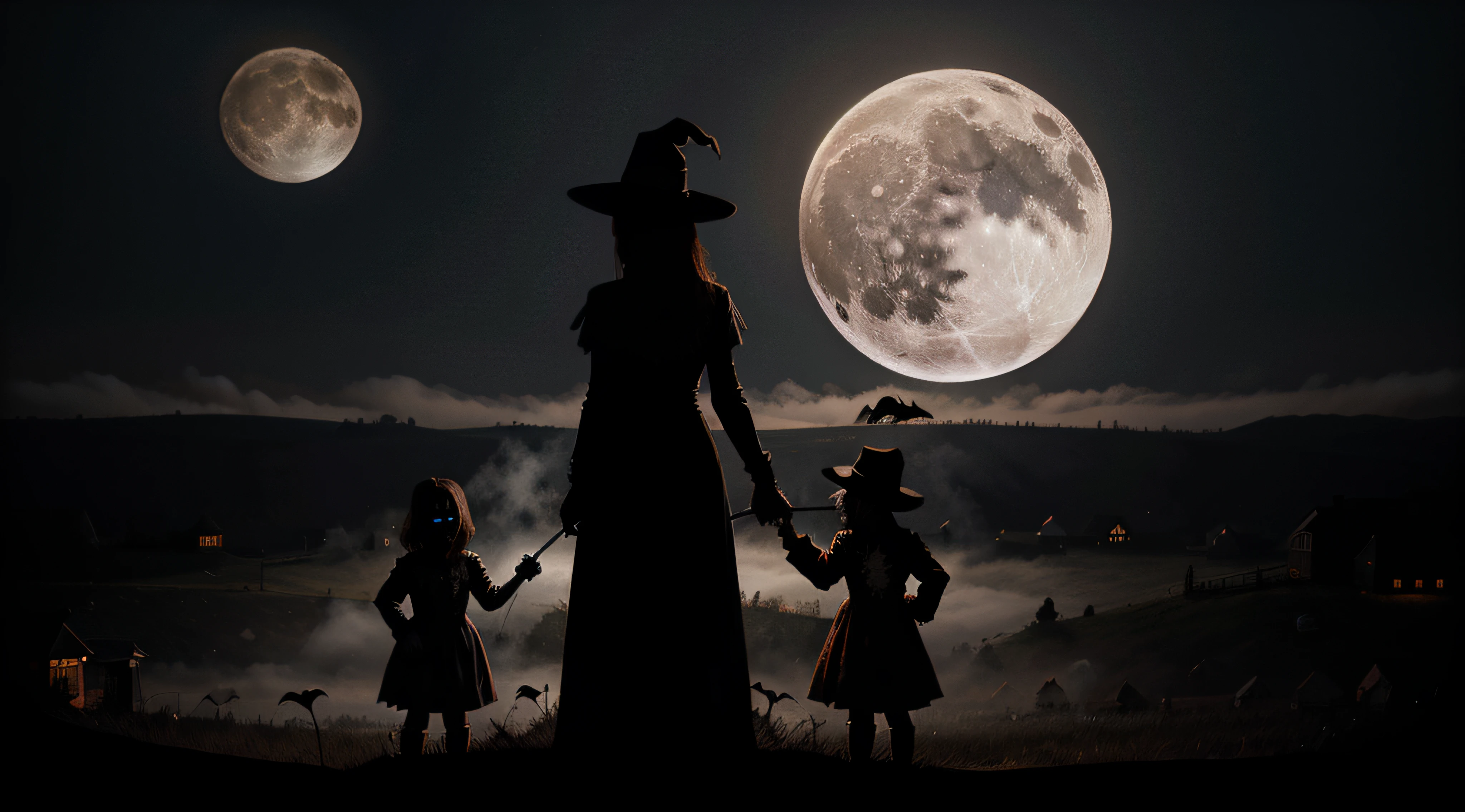 vector mystical illustration. background fog on background bloody moon with silhouettes of scary characters pumpkin, witch, zombie hand. Halloween party graphics design.