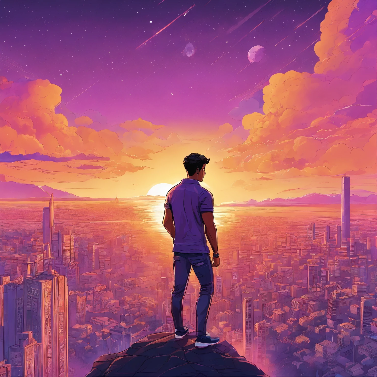 masterpiece, best quality, movie still, 1men, light brown skin, black eyes, muscular body, short black hair, purple polo, black full pant, holding a cup of coffee, floating in the sky, close-up, bright, happy, warm bright lighting, beautiful sunrise, (sparks:0.7)