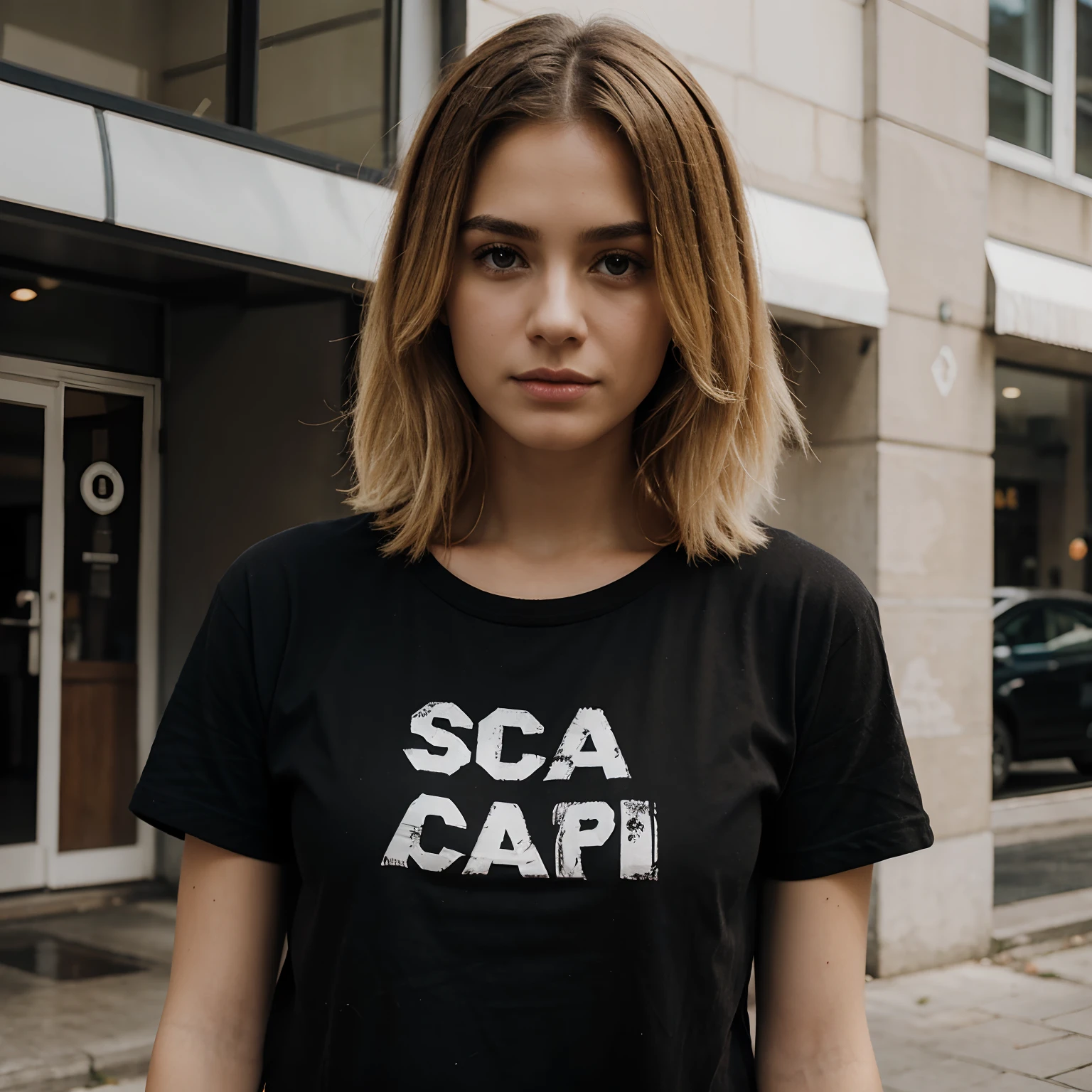 Put the SCAB logo on a black T-shirt a blond