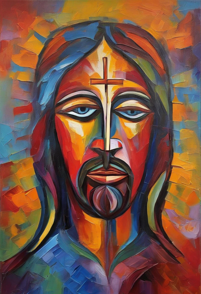Jesus,Kidu Church,thick oil painting,On a colorful background, abstracted , Abstract portrait, Stylized face, pop art painting, dripping paint,Expressive detail face, Expressive, inspired by Picasso, pop art painting, Beautiful expressive painting, in the Picasso style, cubism style