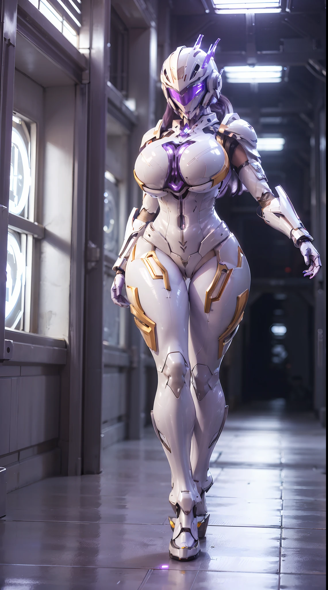 1GIRL, SOLO, (phoenix mecha helmet:1.5), (BIG BUTTOCKS, HUGE BOOBS:1.4), (PHOENIX MECHA GUARD ARM, GLOVES), (white, purple, PHOENIX MECHA CYBER SHINY ARMORED SUIT, ROYAL CAPE, CLEAVAGE, MECHA SKINTIGHT PANTS, GUARD ARMOR LEGS, HIGH HEELS:1.4), (MUSCULAR BODY, SEXY LONG LEGS, FULL BODY:1.5), (MUSCLE ABS:1.2), (LOOKING AT VIEWER:1), (WALKING DOWN HALLWAY OF FUTURISTIC SPACE STATION:1.3), PHYSICALLY-BASED RENDERING, ULTRA HIGHT DEFINITION, 16K, 1080P.
