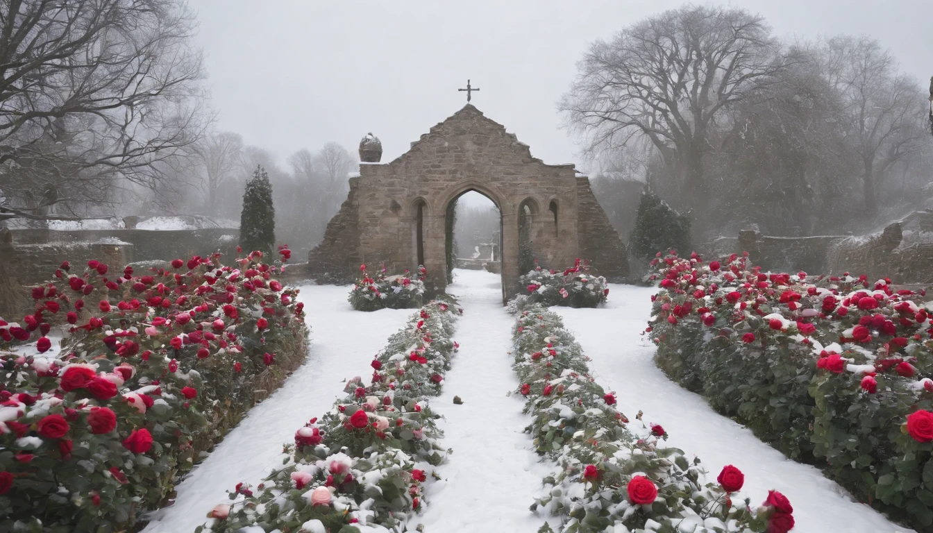 medieval rose garden in the snow with blooming Hungarian roses and a spiraling path, gothic, beautiful, cinematic scene from film, ultra detailed, high res, 8k, cinematic