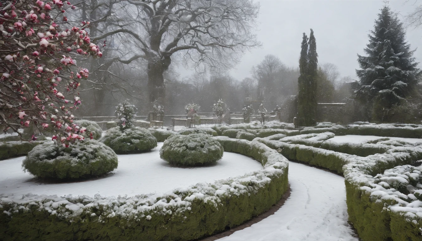 medieval rose garden in the snow with blooming Hungarian roses and a spiraling path, gothic, beautiful, cinematic scene from film, ultra detailed, high res, 8k, cinematic