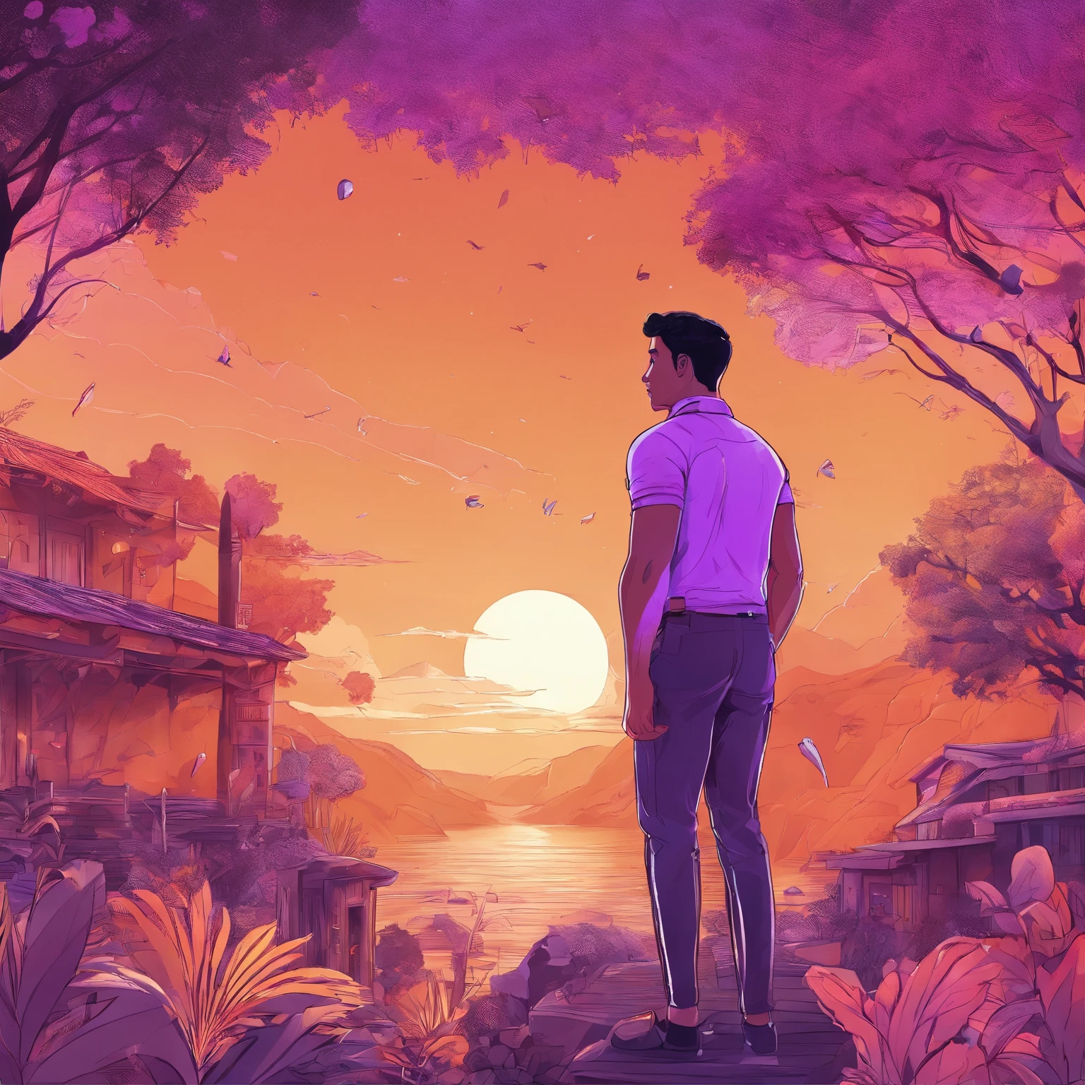 masterpiece, best quality, movie still, 1men, light brown skin, black eyes, muscular body, short black hair, purple polo, black full pant, holding a cup of coffee, floating in the sky, close-up, bright, happy, warm bright lighting, beautiful sunrise, (sparks:0.7)