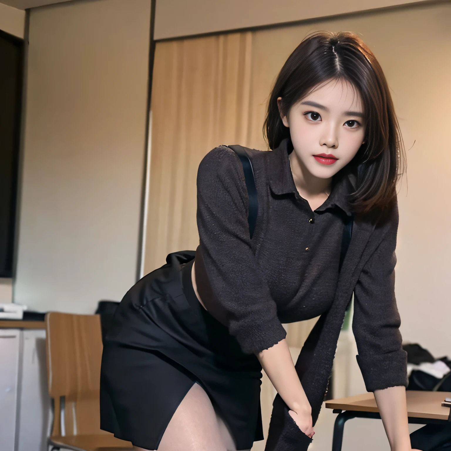 (Best Quality: 1.1), (Realistic: 1.1), (Photography: 1.1), (ighly detailed: 1.1), (1womanl), Office room,Professional suit,Black short skirt,black lence stockings,bent down,mix4,