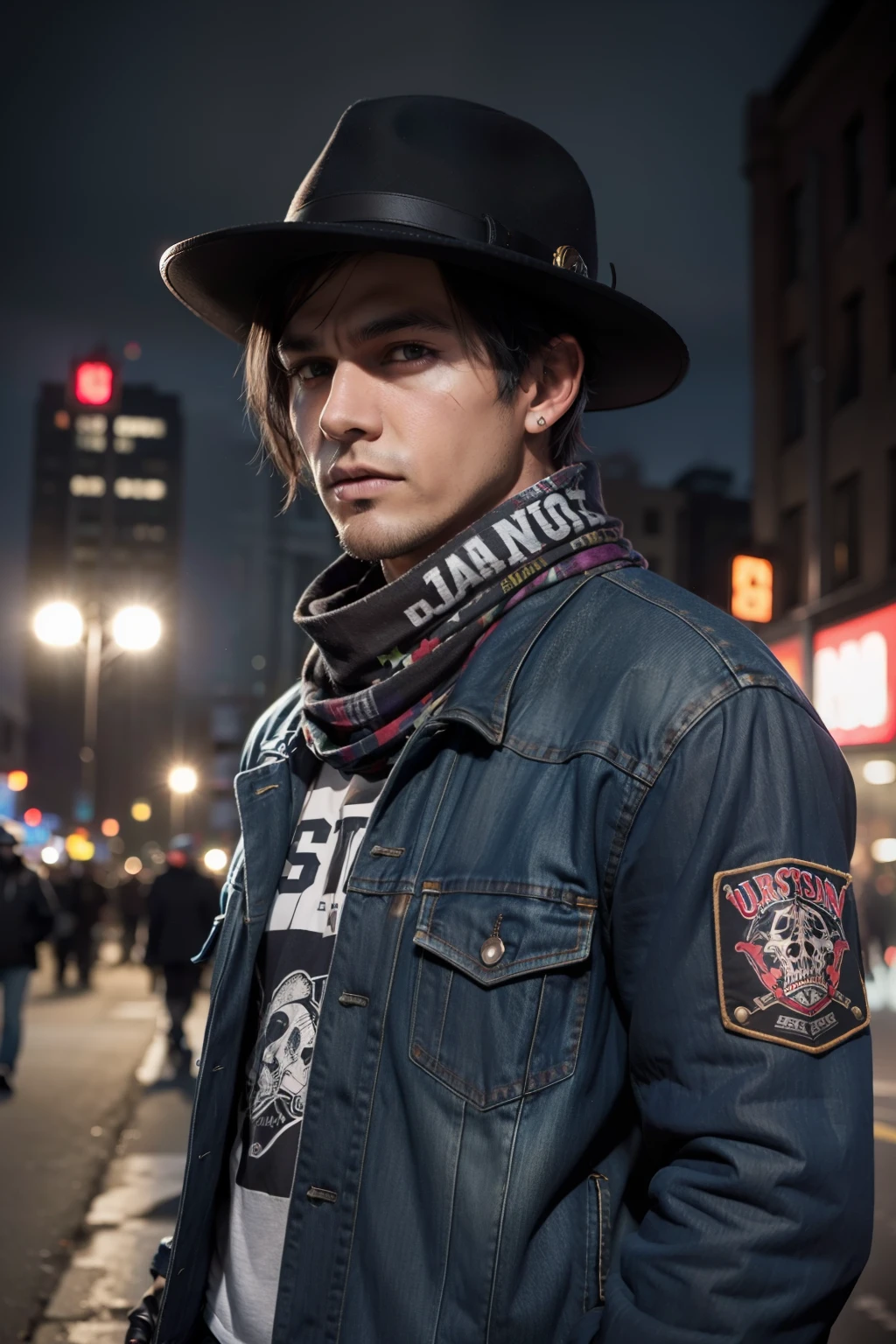 Handsome guy wearing a hat and scarf, art station trends, Wear punk clothes,half boy, Ultra-realistic detailed rendering, background blur, Urban style, scary pose, fashionable attire, urbansamurai,, Western denim specialty.