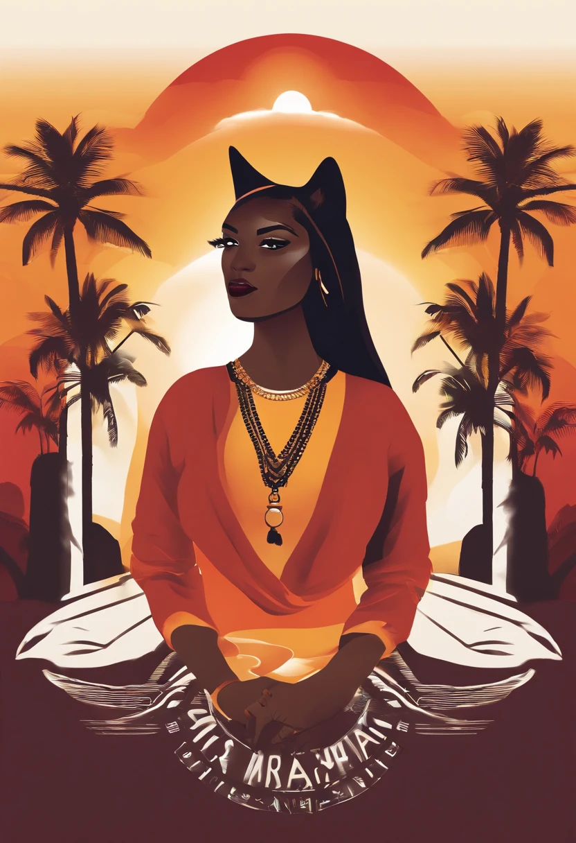 Sunset Experience Icon, Zouk Tiki Tropical Sunset: dance, UX, UI, with VR vision red yellow colorful logo, minimalist logo illustration of vector art of an black woman head, front facing, magic, sharp design, smooth, monochromatic colorful, dark magic splash, t-shirt design, in the style of Studio Ghibli, The design should be in vector art, showcasing . Use Adobe Illustrator to craft the logo with crisp lines and a simple yet captivating look. Keep the design centered on the cat's eyes, capturing their uniqueness and charm. The logo should evoke a sense of sophistication and tranquility. Emphasize a low-poly style to add a touch of uniqueness to the hair . The overall aesthetic should be sleek and stylish, making it suitable for branding and logo purposes, white brackground