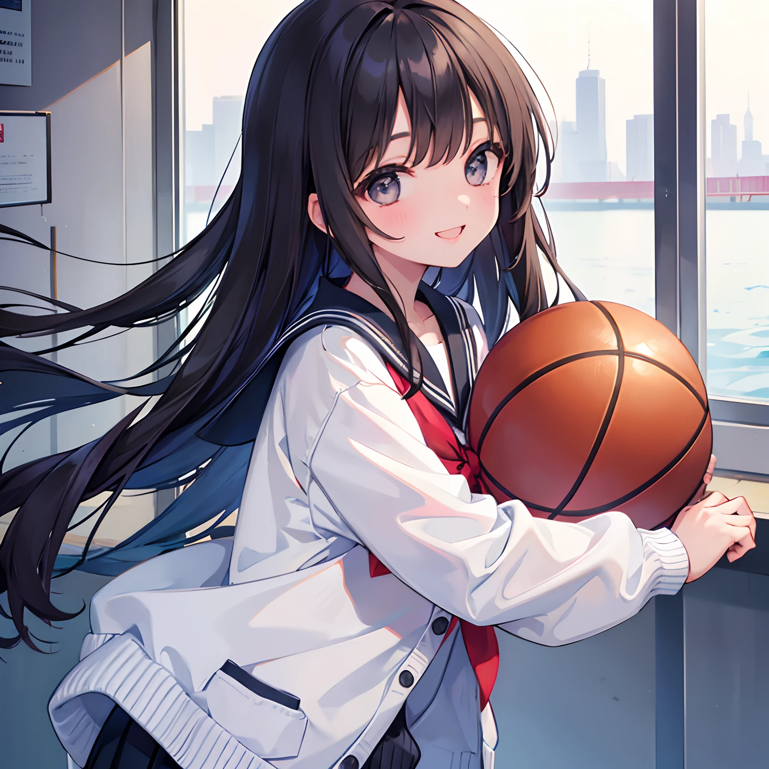 girl with、1 persons、Dark hair、Black eyes、length hair、Cheerful smile、huge smile、Pupils、a sailor suit、校服、Cardigan、Basketball in the gymnasium