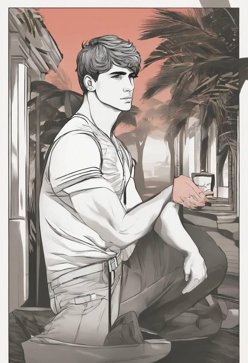 Um loiro bronzeado de dezesseis anos Mika,athletic figure,Corte o cabelo curto ao redor das orelhas,The bangs are long, Use uma camiseta amarela e uma bermuda verde, Kneeling in a small shop with office supplies, holding two red notebooks in his hand, Outros cadernos coloridos estavam espalhados ao seu redor mc ryan