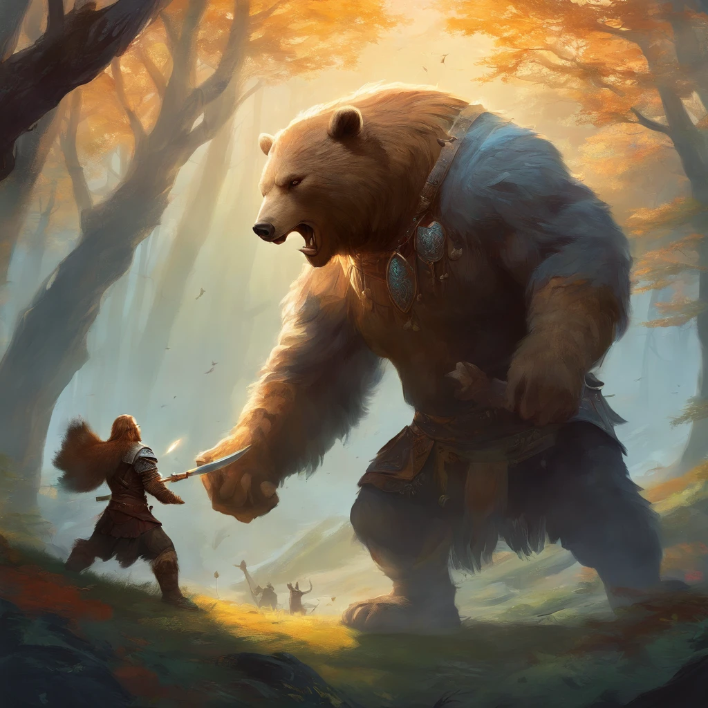 viking warriors fighting with a bear in a florest