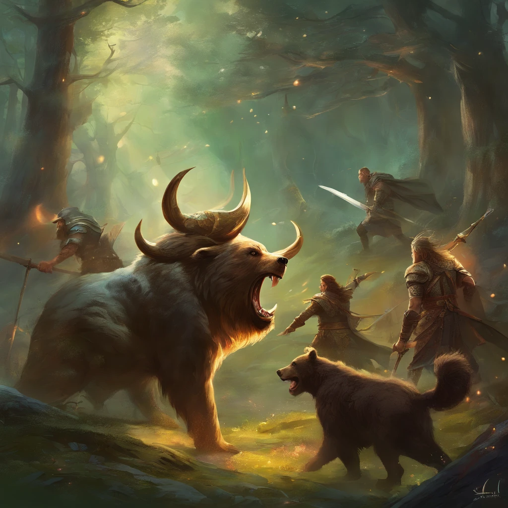 viking warriors fighting with a bear in a florest