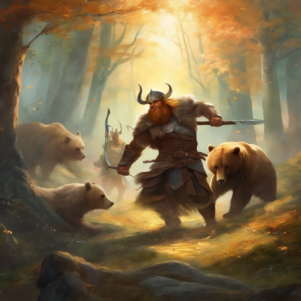 viking warriors fighting with a bear in a florest