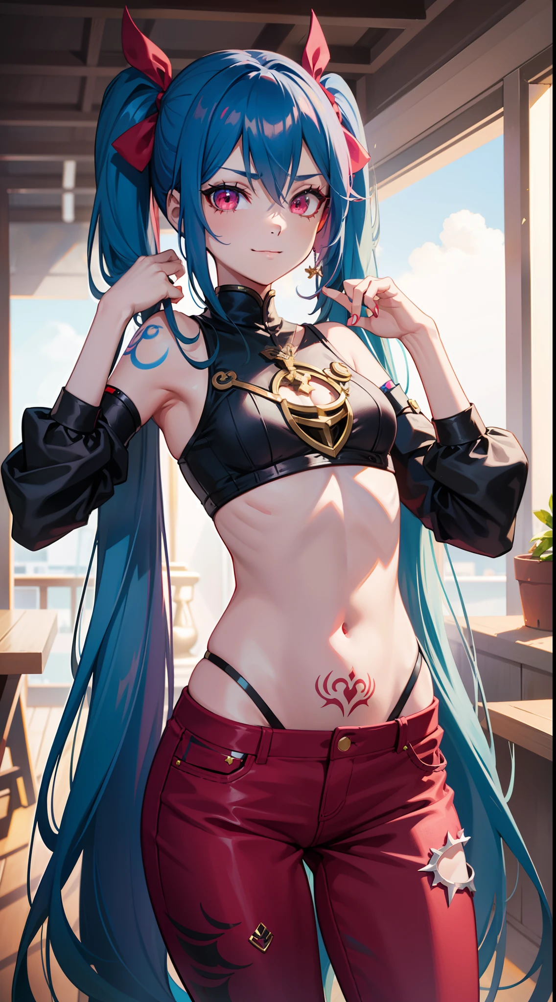 young girl, long blue hair, Two long pigtails, red eyes, smirk, tattoo, Black Top, open belly, flat chest, pink pants, Jinx(League of Legends), Masterpiece, hiquality, 4k, HD, Good detail