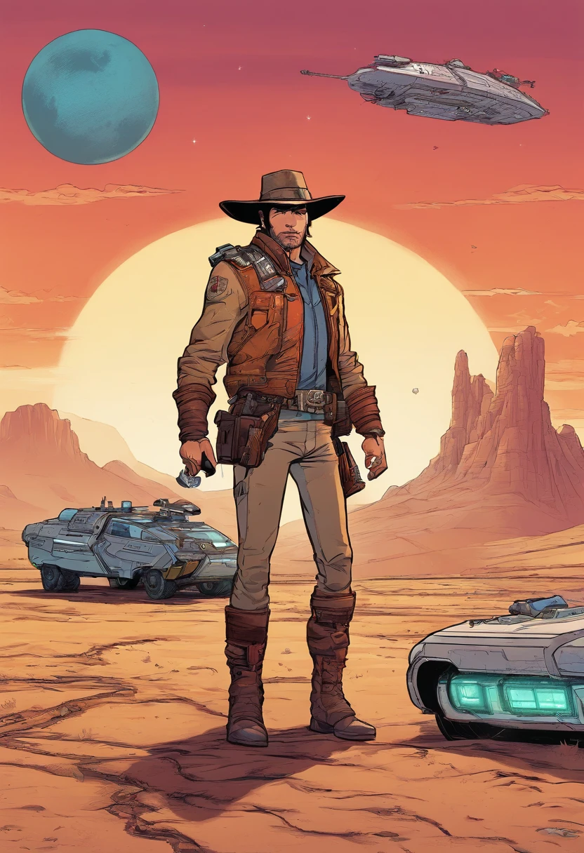 A space cowboy stand next to his hovercraft on a far off desert planet. He's holding a laser revolver in his hand.