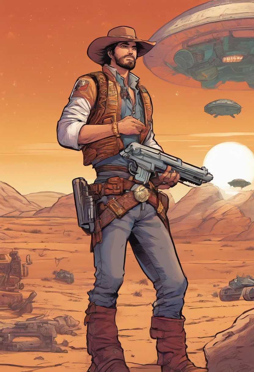 A space cowboy stand next to his hovercraft on a far off desert planet. He's holding a laser revolver in his hand.