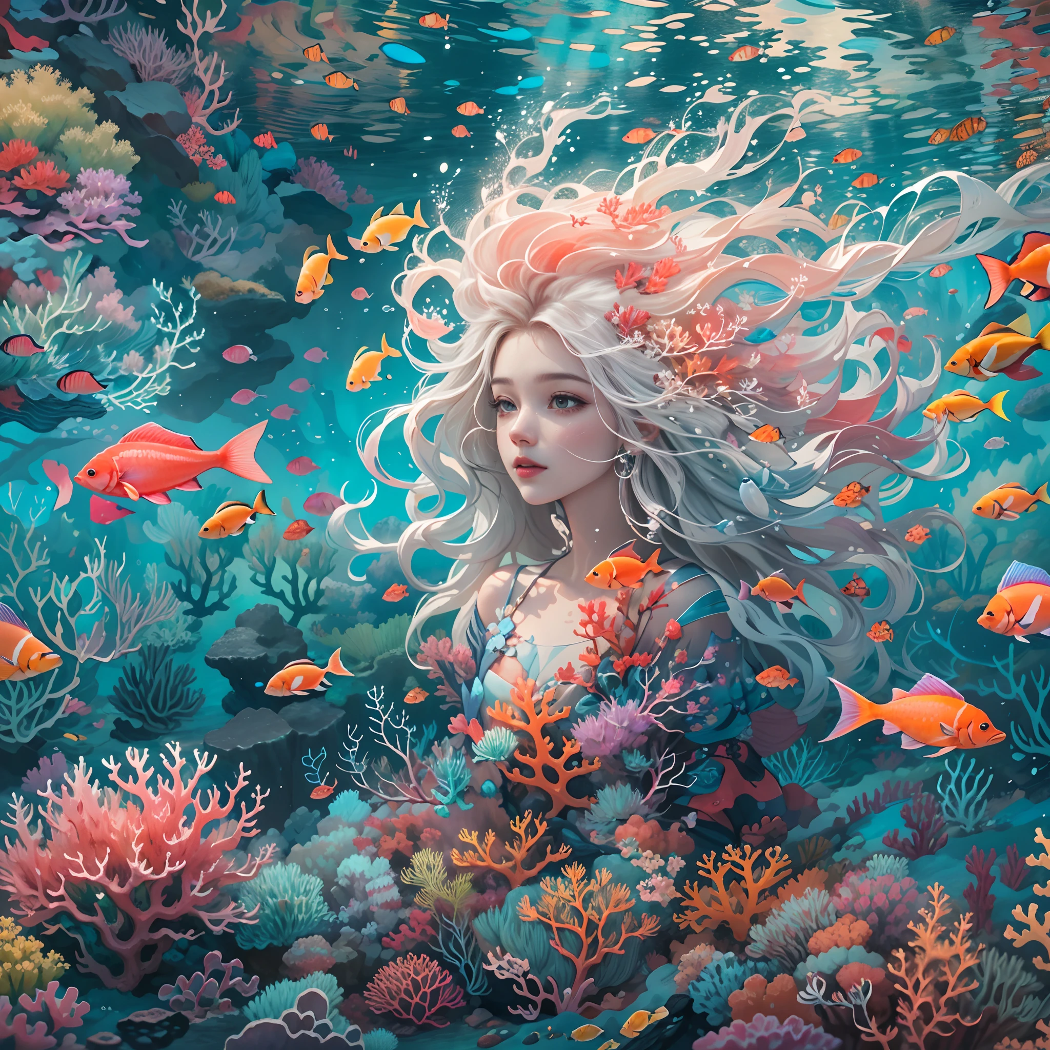 Conceptual art of marine life, Undersea landscape, Marine life，Beautiful coral reefs come in different shapes, 3D，, Fish, Female animated fantasy illustration. Long white hair scattered in the sea, Drift, Very harmonious. The whole painting adopts a messy and imaginative painting style. The colors are bright and saturated, And with smooth lines. The mystery and beauty of the ocean, The painting depicts an underwater world full of life and vitality, Animated art wallpaper 8 K