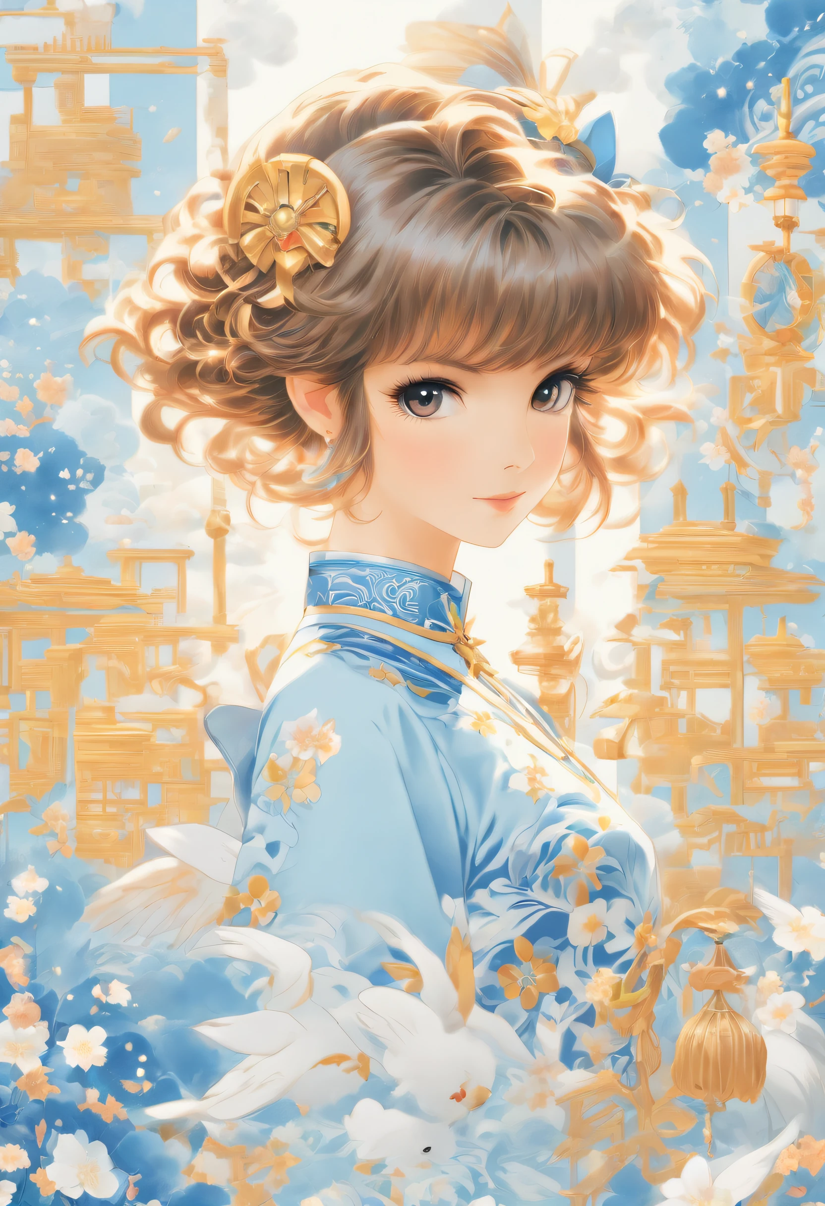 knolling layout::2, cardcaptor sakura, wearing blue and white porcelain pattern cheongsam, sky blue and white, high resolution