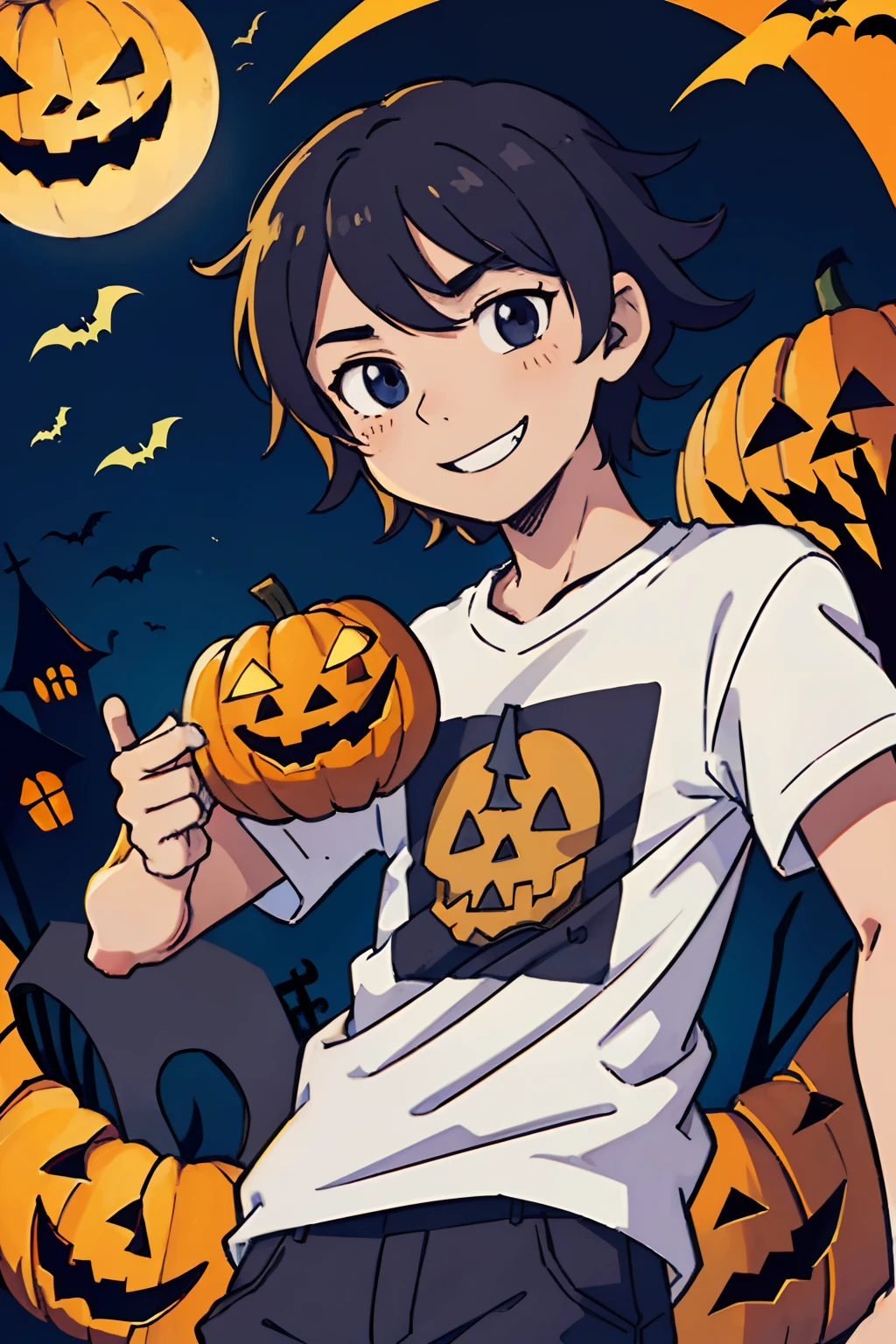 (best-quality:0.8), (best-quality:0.8), perfect anime illustration, guy having short messy hair,looking away, smiling , spooky theme, halloween, wearing a rock and roll tshirt, Halloween theme