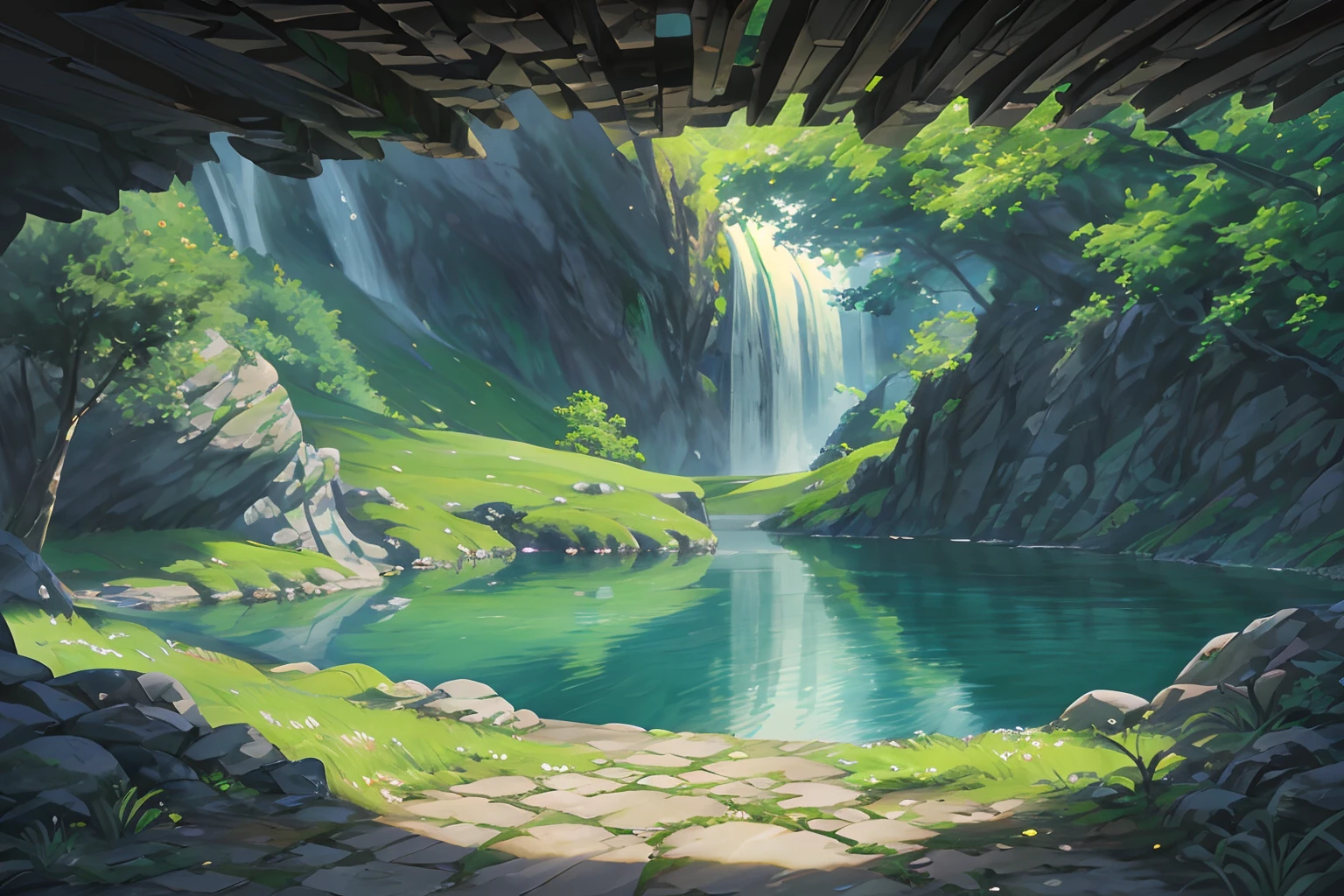 Irish ancient times, spring, lake, cave, waterfall, tree, meadow, rock, hot spring, water vapor, (illustration: 1.0), epic composition, realistic lighting, HD details, masterpiece, best quality, (very detailed CG unified 8k wallpaper)