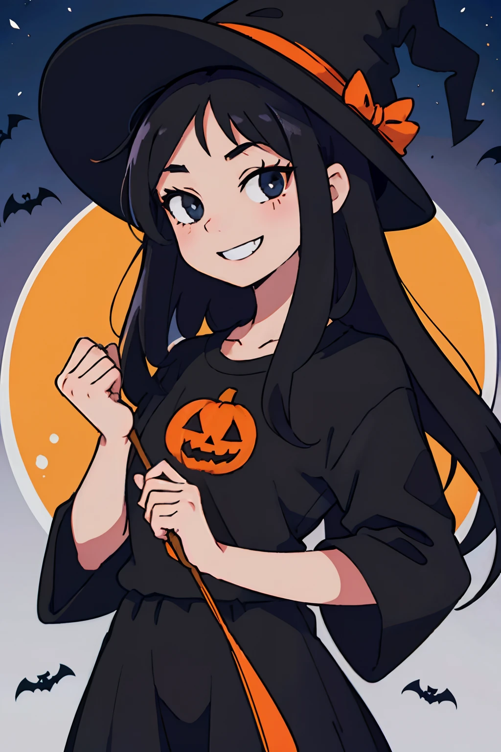 (best-quality:0.8), (best-quality:0.8), perfect anime illustration, Girl having long black hair, wearing a witches hat ,,smiling, spooky theme, halloween, wearing a rock and roll tshirt