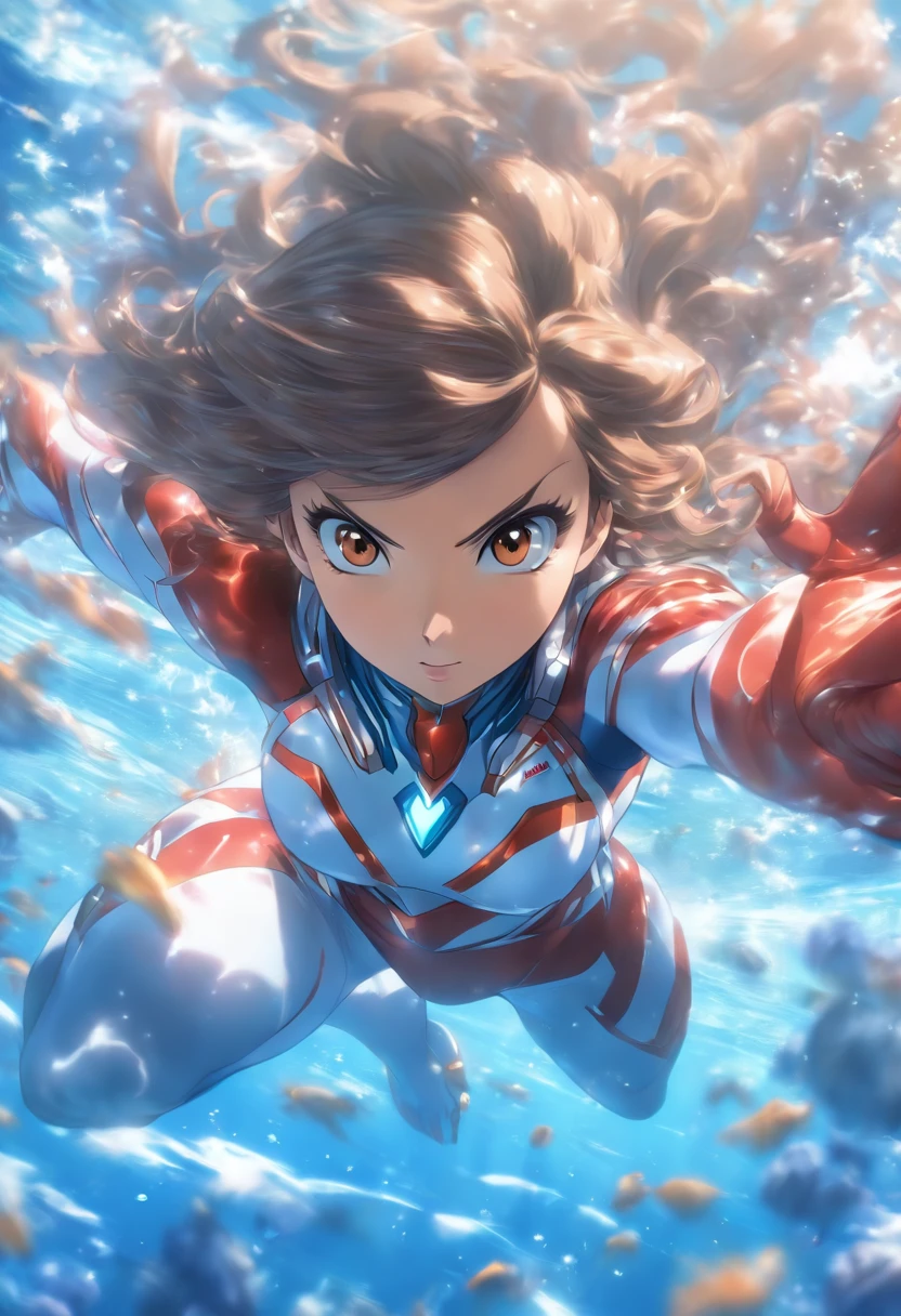 foreshortening,  Depth of field, Masterpiece, Best quality, 1girll, Brown hair, Brown eyes,  Long hair, Underwater, airbubble, Solo, view the viewer, School swim wear, Swimming,  Dappled sunlight,Ultraman Camilla