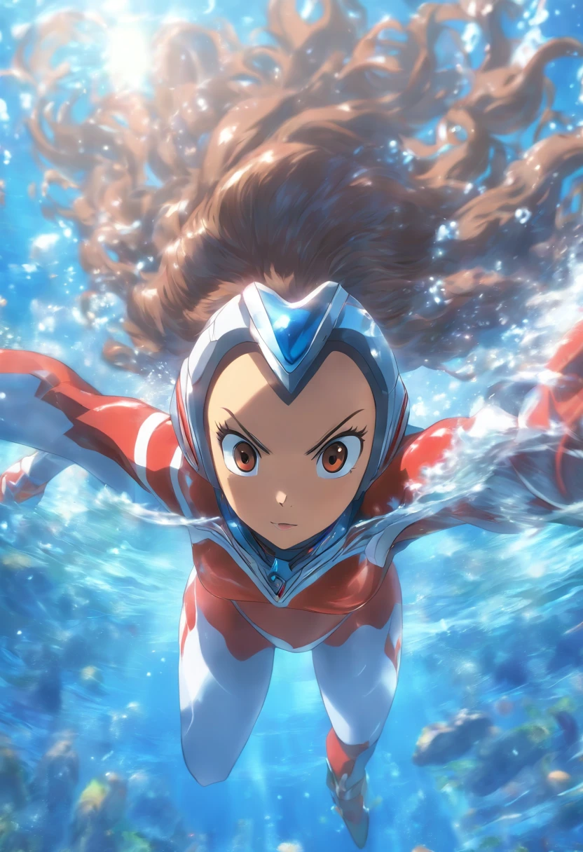 foreshortening, Depth of field, Masterpiece, Best quality, 1girll, Brown hair, Brown eyes, Long hair, Underwater, airbubble, Solo, view the viewer, School swim wear, Swimming, Dappled sunlight,Ultraman Camilla