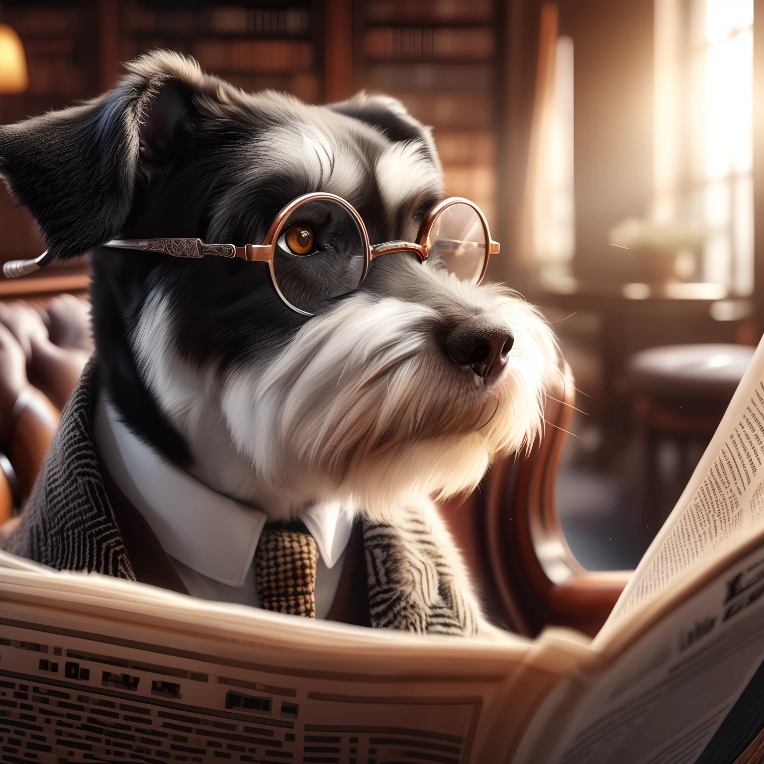 8K, UHD, official art, dog with glasses, reading newspaper, detailed, photo-realistic, best quality, indoors, comfortable chair, soft lighting, intellectual expression, warm colors, focused, concentrated, close-up, side view, looking at viewer, diagonal shot, intricate details, trending on artstation