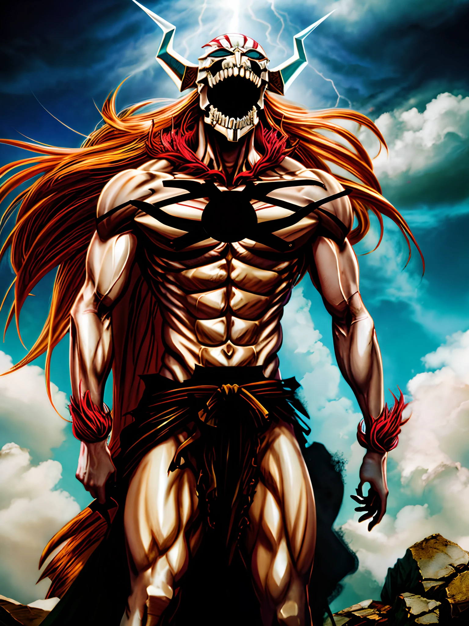 masterpiece, best quality, Ichigo Vasto Lorde, 1boy, sword, cinematic light, soft lightning, epic, badass pose,dark sky, absolutely stunning art, extremely detailed, highest quality digital art