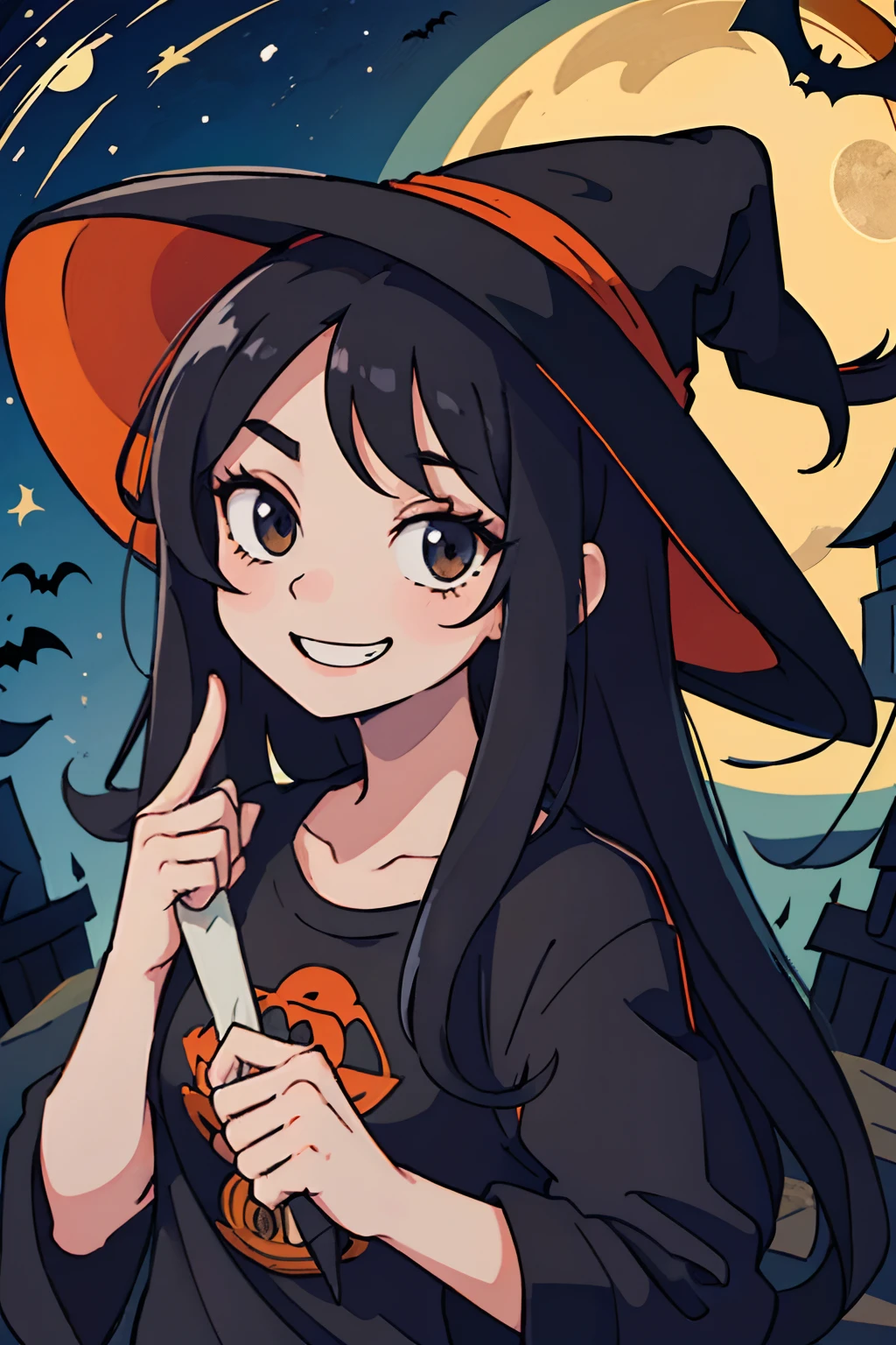 (best-quality:0.8), (best-quality:0.8), perfect anime illustration, Girl having long black hair, wearing a witches hat ,,smiling, spooky theme, halloween, wearing a rock and roll tshirt