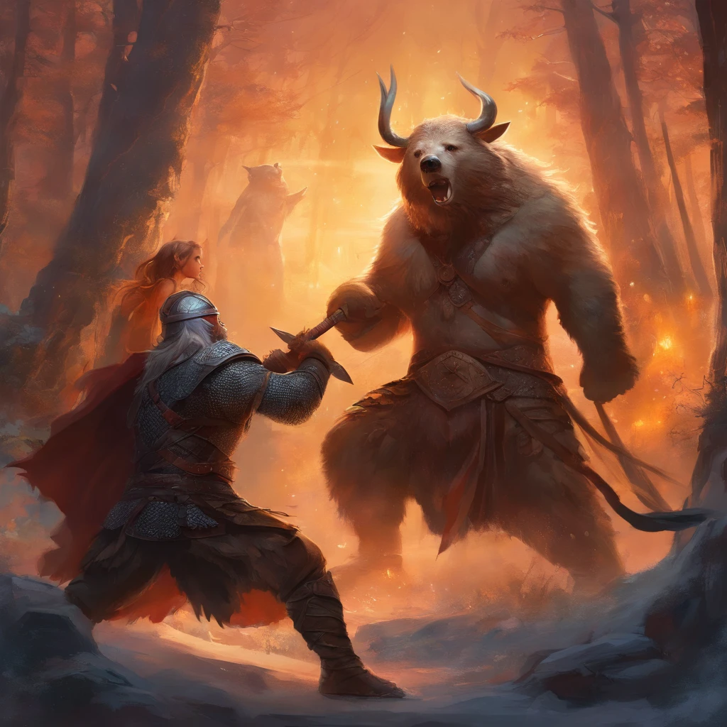 viking warriors fighting with a bear in a florest