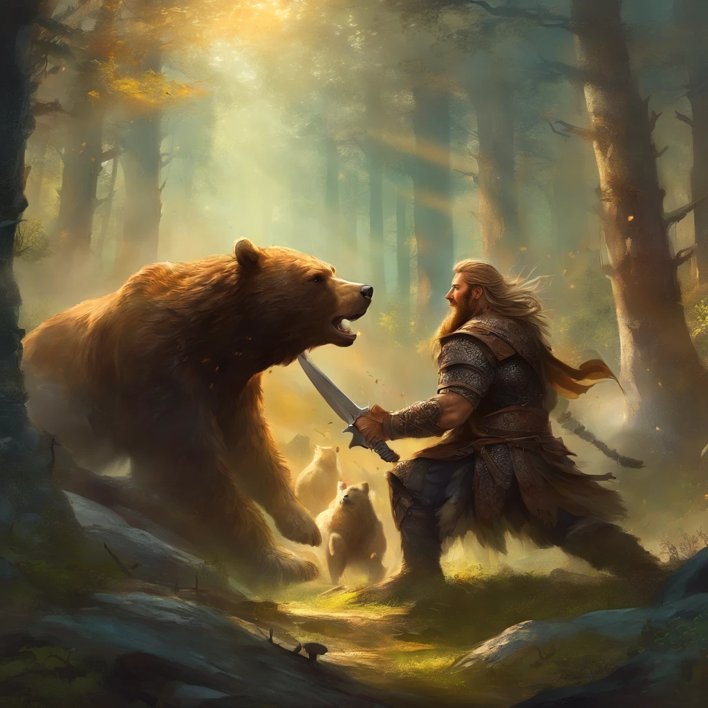 viking warriors fighting with a bear in a florest