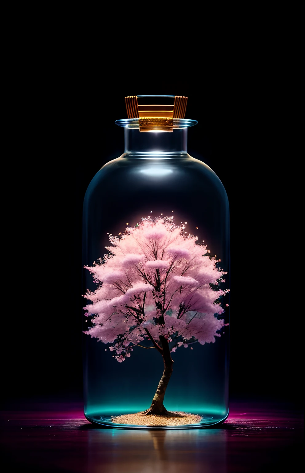 sakura tree in a bottle, fluffy, realistic, atmospheric light refraction, by lee jeffries nikon d850 film stock photograph 4 kodak portra 400 camera f1.6 lens rich colors hyper realistic lifelike texture dramatic lighting unreal engine trending on artstation cinestill 800, Style-Glass