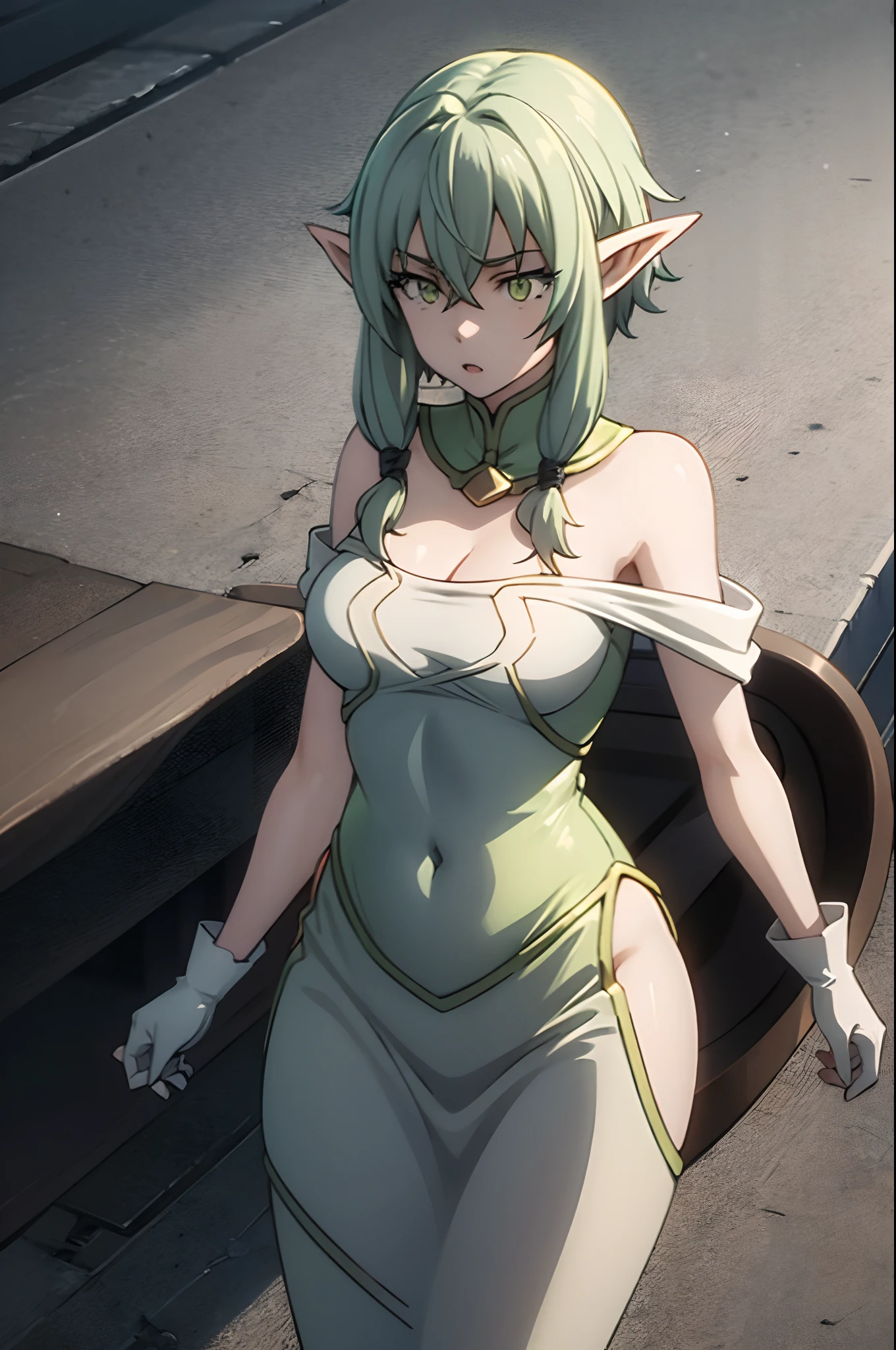 pointy ears, green hair, green eyes, short hair, short hair with long locks
,white gloves, white dress, bare shoulders, detached collar, cleavage