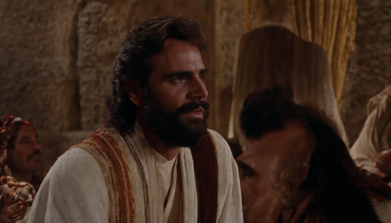 A spiky man with a beard and a white robe sits in the room, Gal Yosef, Screenshot from the 1983 film, Still in the rainbow opanie, 1 9 7 3 A scene from the movie, Movie Screenshots, Jesus of Nazareth, VHS Screen Capture, screenshot from a movie, a scene from a movie, Movie Screencap