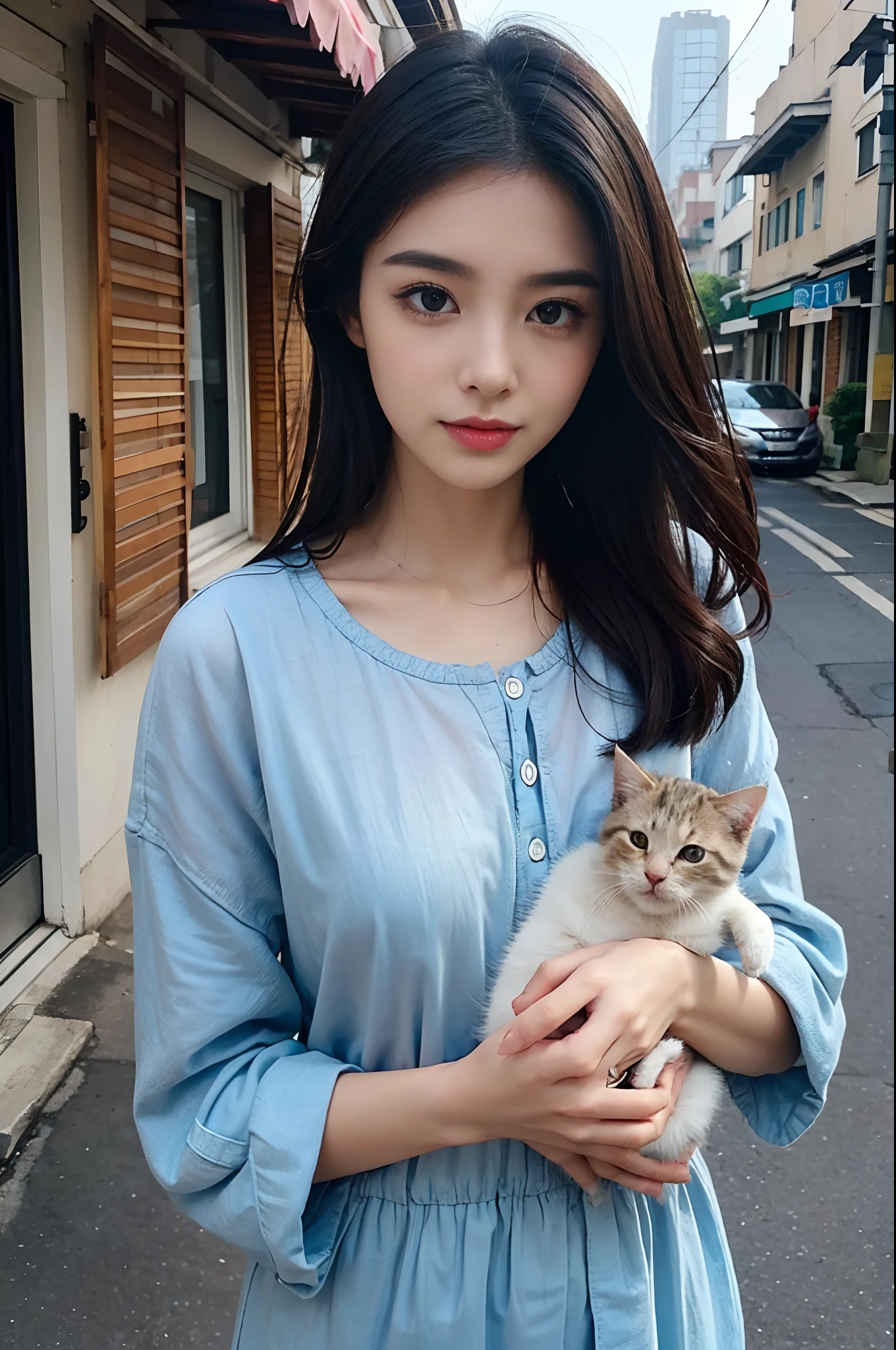 Beauty woman、Holding a kitten、Residential area、(((top-quality, masterpiece))), (((ighly detailed)))