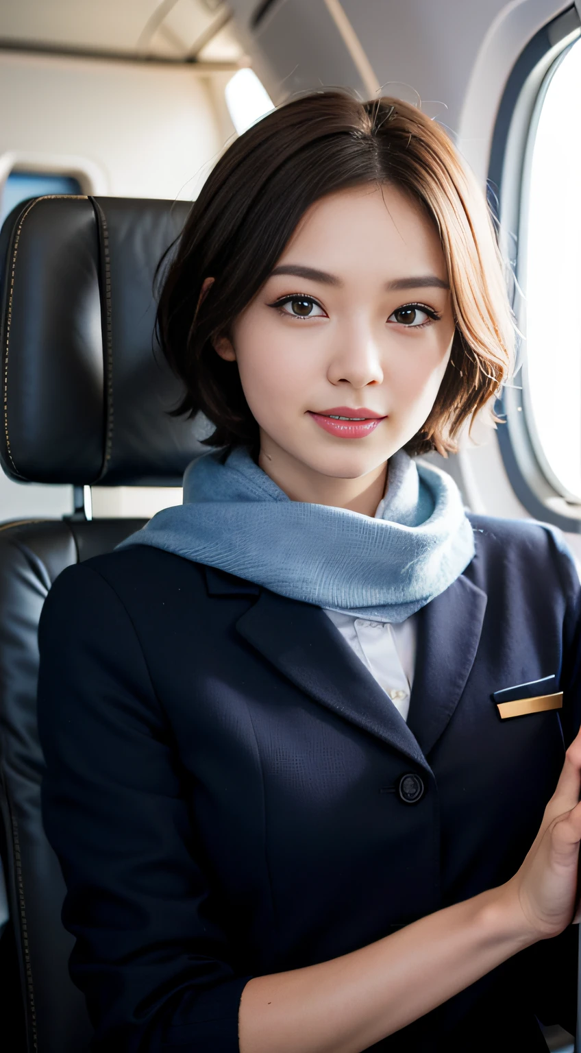 masterpiece, Best quality, Raw photorealism, Smile, Beautiful girl, Cute, Short hair, Big breasts, depth of field, High resolution, Ultra detail, Very detailed eyes and face, Sharp pupils, Realistic pupils, Sharp focus, Movie lighting,uniform, like Delta airline uniform, flight attendant uniform, sexy look, sexy uniform, sexy flight attendant uniform, scarf on neck, detailed background, seating in cabin, seating in jump seat, look out window, in Boring 787-9 cabin,