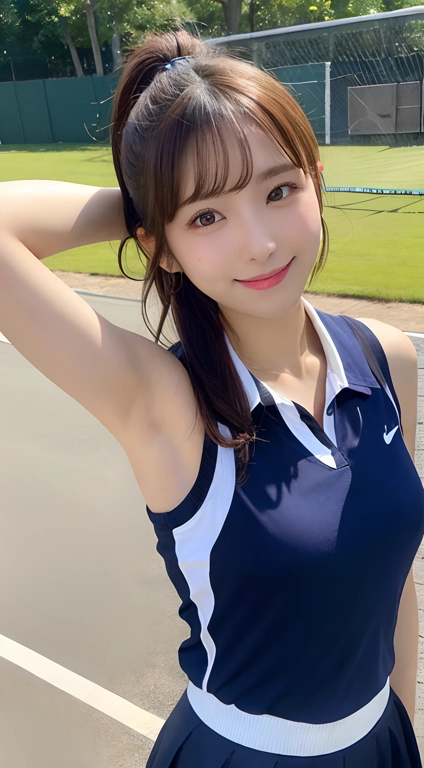 masutepiece, Best Quality, Illustration, Ultra-detailed, finely detail, hight resolution, 8K Wallpaper, Perfect dynamic composition, Beautiful detailed eyes, Women's Fashion Summer,High Ponytail,small tits, Bold sexy poses,Smile,Harajuku,20 years girl,Cute,Sexy shot looking at camera,polo shirts,Tennis Uniform,(Armpit),