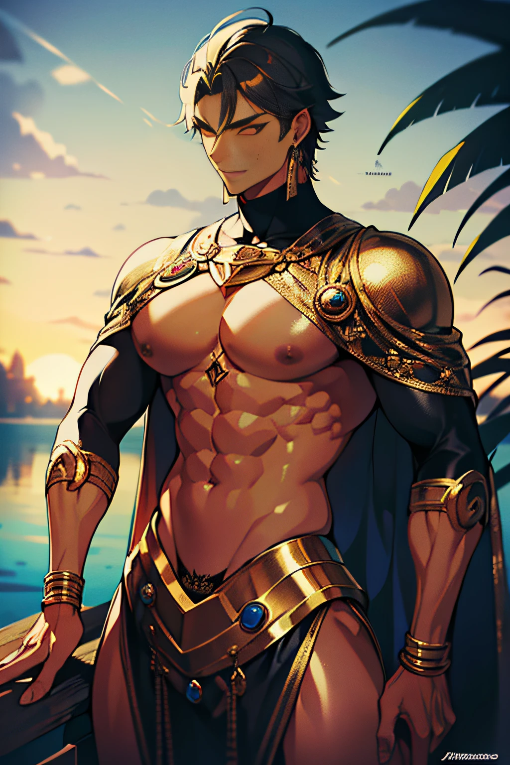 "(Ozymandias, de espaldas, trasero enorme, pose seductora, sonrisa arrogante, defined muscles, pecho prominente y grande, pecho musculoso enorme, musculos marcados, hombros anchos, ropa elegante y ajustada, fondo negro de estrellas, pecho descubierto, sin armaduras, SIN PANTALONES, sin armaduras doradas, pose sexy, poca ropa, tetas grandes, cuerpo sudado, piernas musculosas, tocandose las tetas de hombre, entrepierna marcada, gran pene, trasero enorme, VENAS MARCADAS, CUERPO MOJADO, con licor en el pecho, con crema en el cuerpo, cuerpo sudado, tetas masculinas grandes, pectorales grandes enormes)"