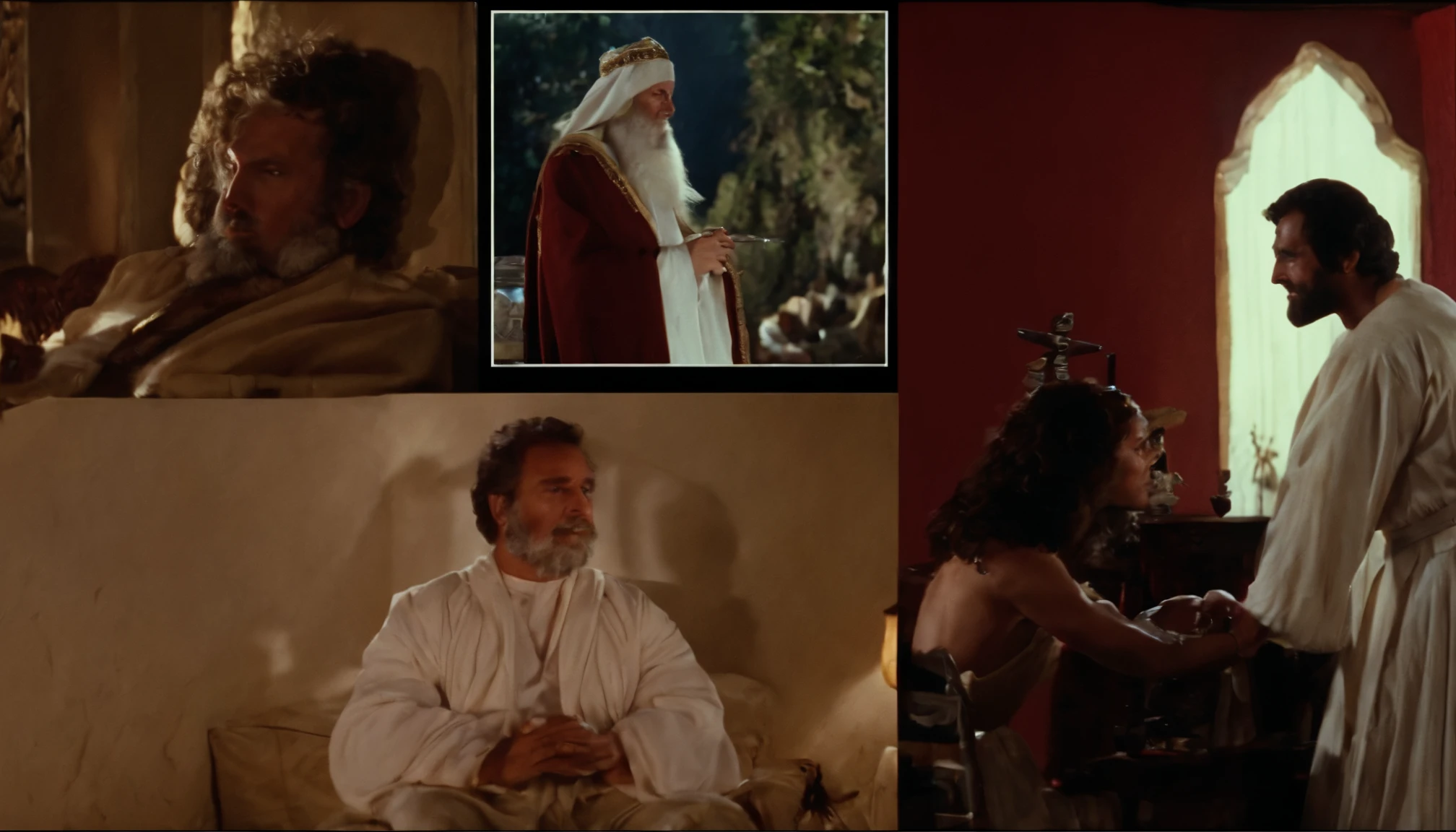 A spiky man with a beard and a white robe sits in the room, Gal Yosef, Screenshot from the 1983 film, Still in the rainbow opanie, 1 9 7 3 A scene from the movie, Movie Screenshots, Jesus of Nazareth, VHS Screen Capture, screenshot from a movie, a scene from a movie, Movie Screencap