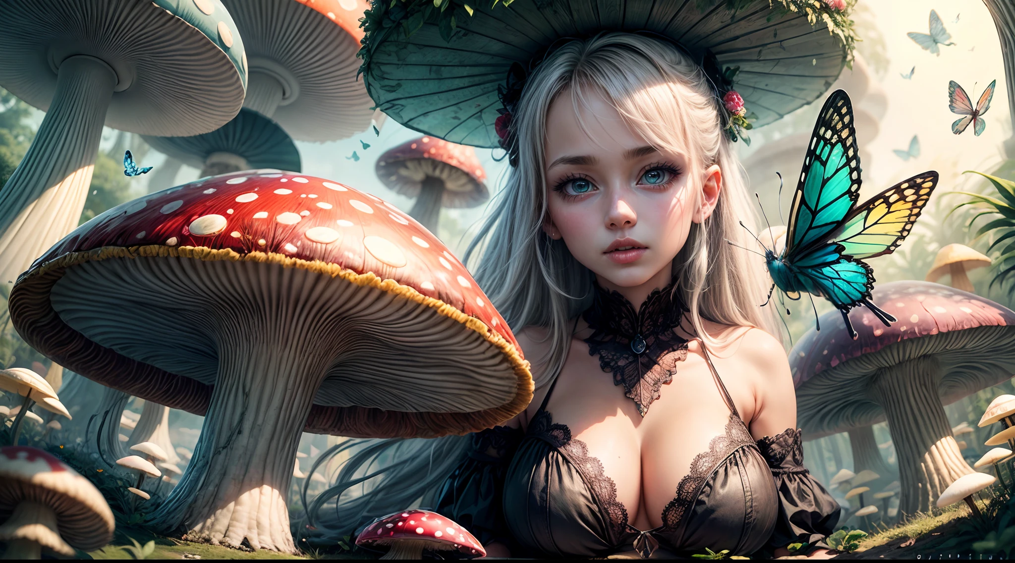 "Magical encounter, closeup young girl exploring, gigantic mushroom, ethereal butterflies, misty wonderland, enchanting details"