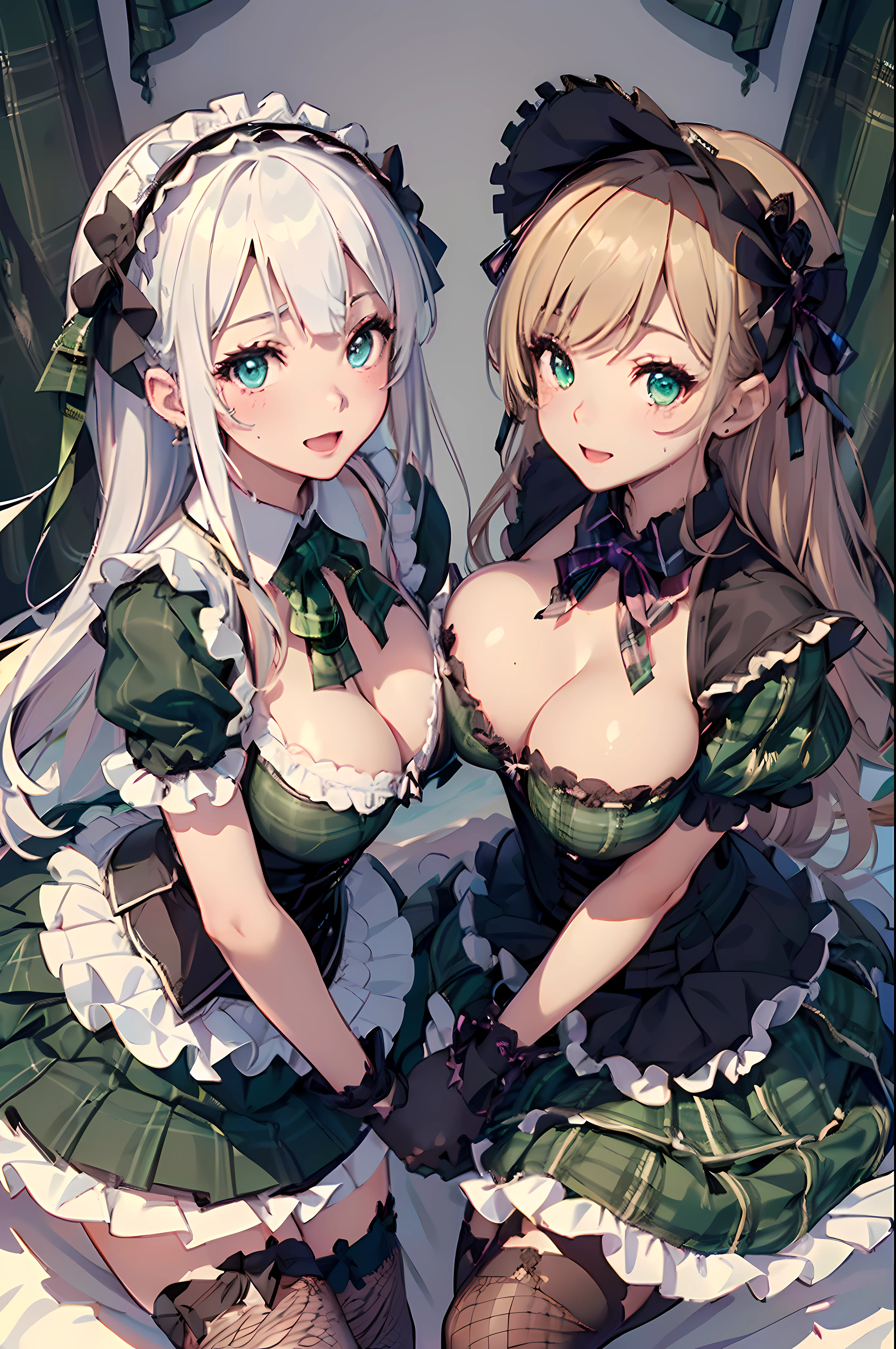 (masterpiece1.5),hyper quality, Hyper Detailed,Perfect drawing,NFSW、two individuals、girl with、((very Bigger breasts))、((Press each other's breasts against each other))、((Press Breast))、kawaii 、With smiling eyes、((half-opened mouth))、((Sexy looks))、Lustrous skin、(((Sensual look)))、((ecstacy))、Sweaty skin
,(Gothic ta:1.4), (Open Short Cape:1.2), ((bow ribbon, frilld):1.3), (Green tartan plaid:1.3), ((White collar, tie):1.3), (Short sleeve:1.2), ((frills skirt, Multi-layer skirt):1.3), (fishnet tights:1.2), (hand armor:1.2), (Xhair Ornament,
Hairpin),,。.3D,16K illustrations、((clearface))、Hi-Res、nice background、(((beatiful backgrounds)))、(((Detailed drawing)))、Perfect Beautiful Girl、(((Perfect Photo)))