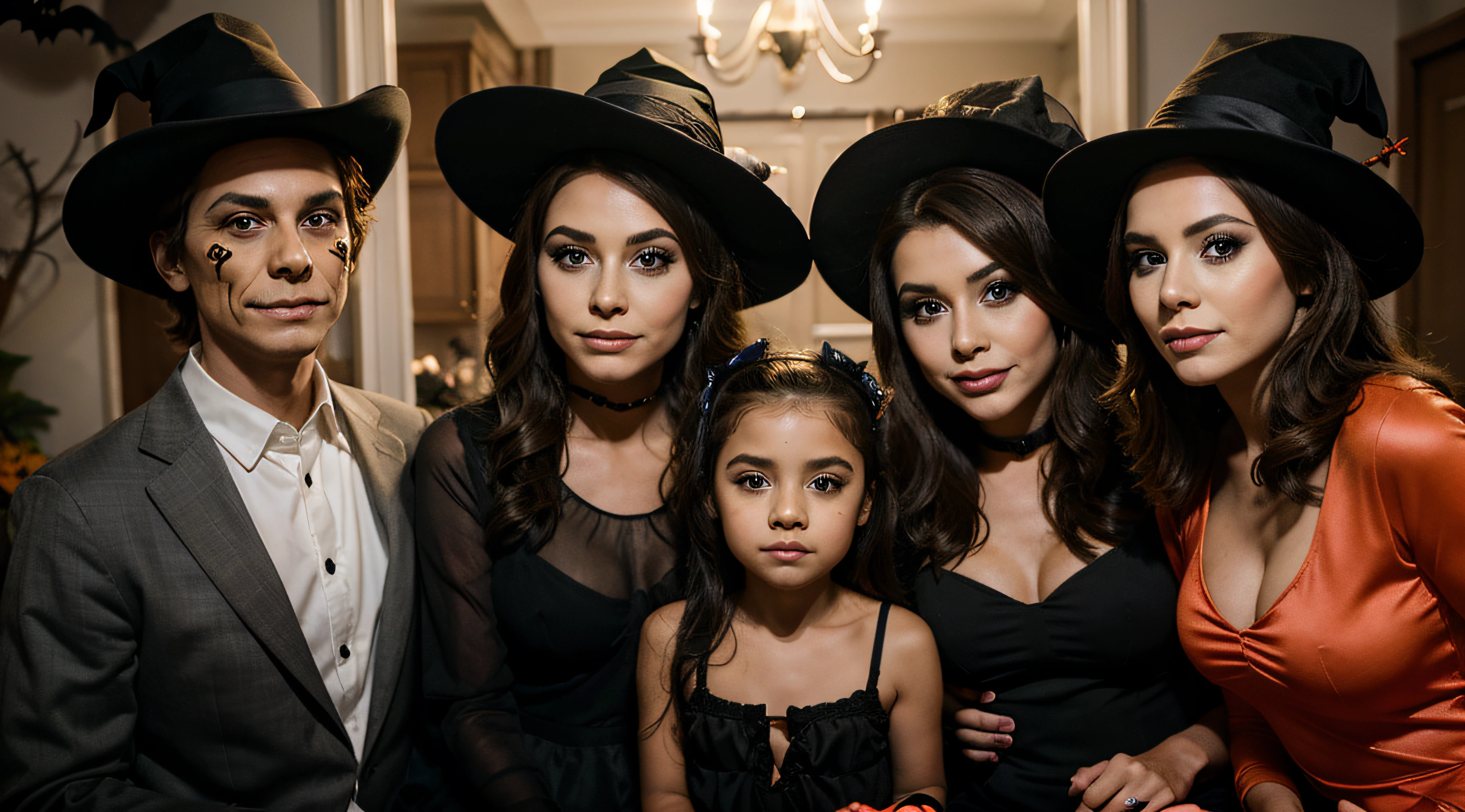happy family mother father and children in costumes and makeup on a celebration of Halloween