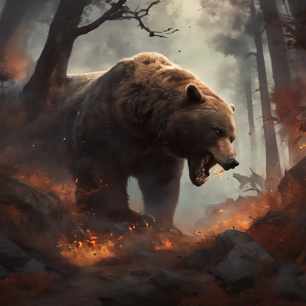 (best quality,4k,8k,highres,masterpiece:1.2),ultra-detailed,(realistic,photorealistic,photo-realistic:1.37),viking warriors,fighting with a bear,fierce battle,A dense forest,heavy armor,sharp swords,blood splatter,vivid colors, dramatic lighting,warriors roaring,ferocious expressions,bear growling,massive bear,broken trees,fallen leaves,dense foliage,imposing presence,clang of weapons,battle cries,adrenaline rush,ancient Norse mythology,wilderness,wild animal instincts,powerful strikes,bravery,loud footsteps,crushing force,adventurous spirit,beauty of nature,breathtaking landscape,unyielding strength,majestic creatures,thrilling fight scene,epic clash.