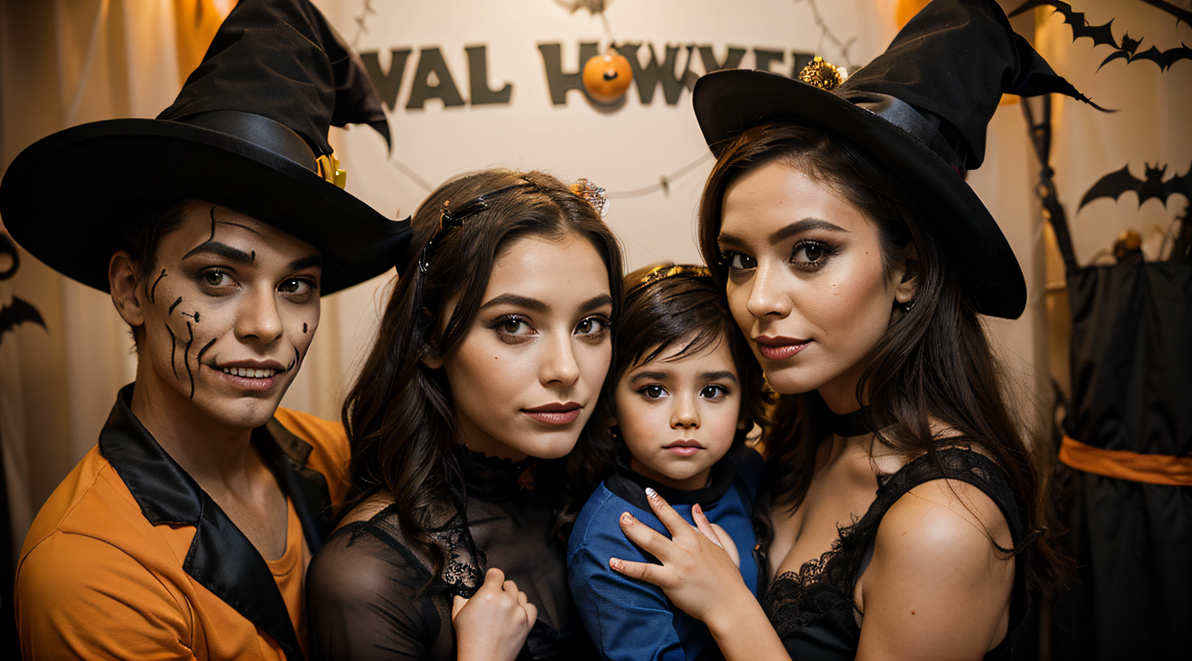 happy family mother father and children in costumes and makeup on a celebration of Halloween