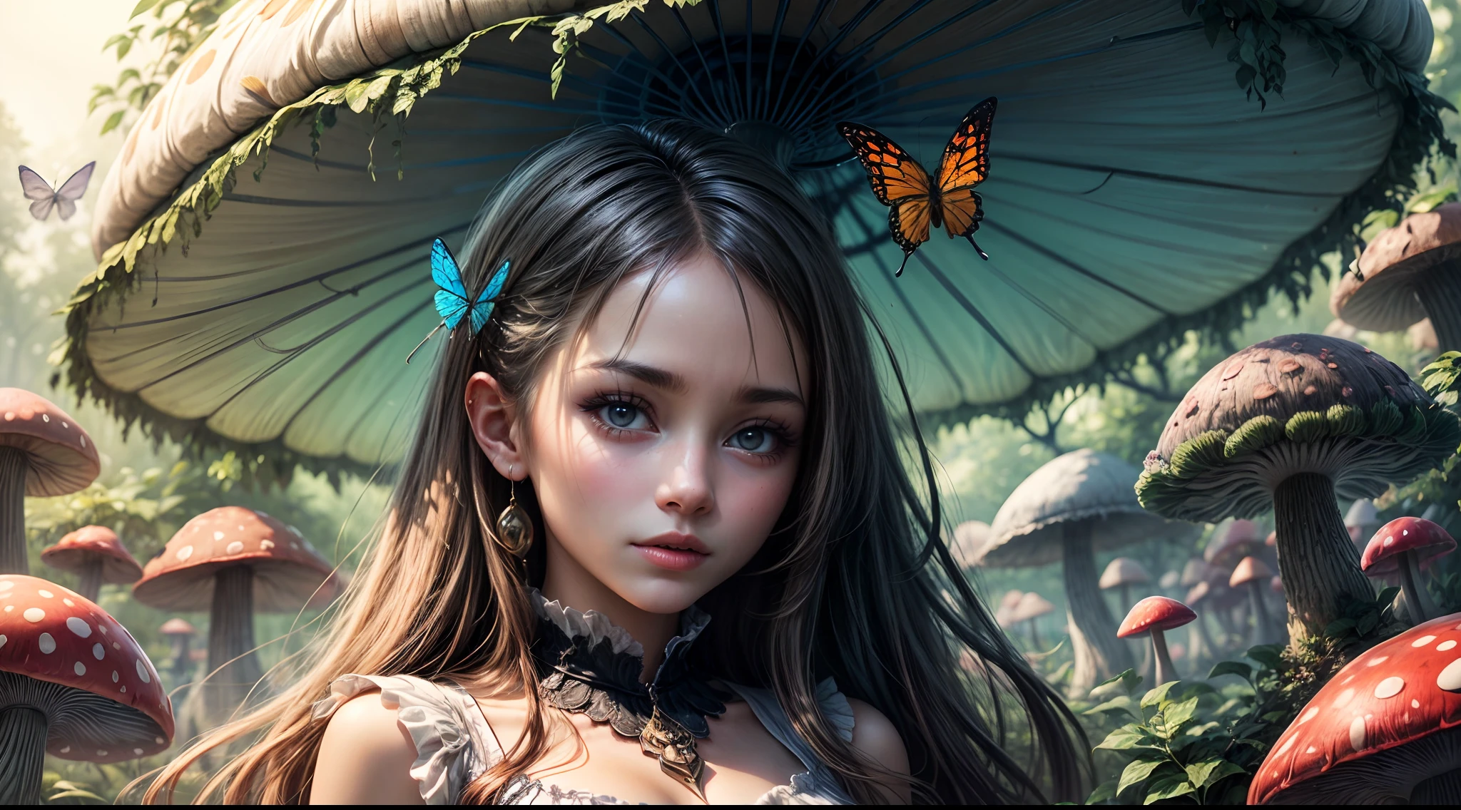 "Magical encounter, closeup young girl exploring, gigantic mushroom, ethereal butterflies, misty wonderland, enchanting details"