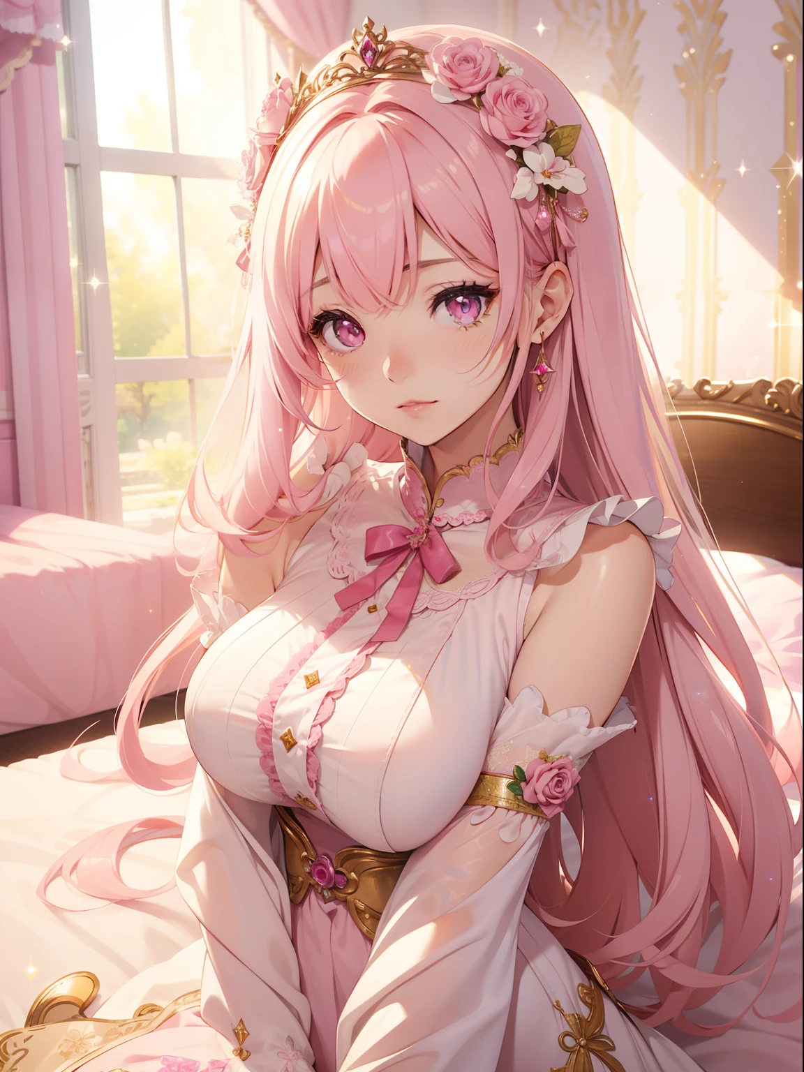 masutepiece, High resolution, 8K, anime woman, Delicate and detailed writing 、Detailed digital illustration、Very long hair and shiny、Bangs、a very beautiful woman、Eyes are double, Large, Bust D cup、High image quality, High quality、Detailed background、(((Wearing idol clothes)))、((Pink room background))、The inside of the eye shines like a diamond、Light pink hair、Gradient pupil、(((2 arms、4 fingers, 1 thumb)))、Detailed female face、Very beautiful and cute woman、、细致背景、masterpiece、Soft Focus , Bright gradient watercolor , Lens Flare , (((Glitter))) , Glow , Dreamy , 、Less exposure、Nothing at hand、Idol、Pink ribbon、Very beautiful red rose hair accessories、Pink and gold outfit、White the main costume、((Sleeping))、Arms up、(((Pink background))) (((laying down on the bed))), no clothes on at all