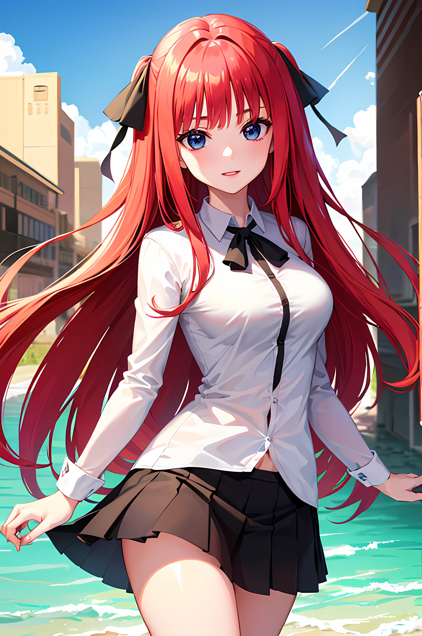 Beautiful young girl is happy and looking at the viewer,1girl,long reddish-pink hair,beautiful dark blue eyes,Black Ribbons,wearing white shirt,black jacket,green skirt,white panties,white long socks,18 year old,medium breasts,soft thighs, sexy pose,anime,(Nino Nakano),(Gotoubun no Hanayome),masterpiece,8k,very high quality,